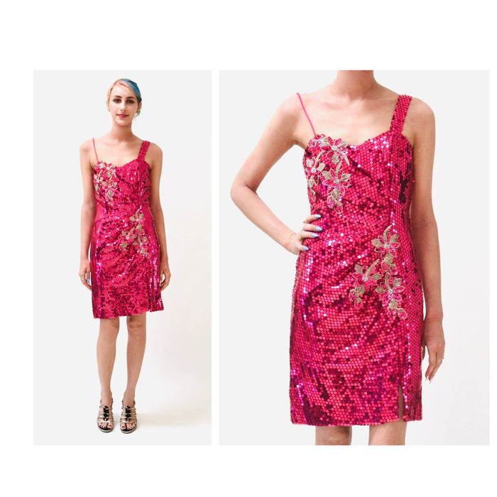 80s 90s Vintage Pink Sequin Dress Prom Dress xs Small// 80s Metallic pink Sequin Dress Nadine XS Small 80s Barbie Pageant Drag Dress