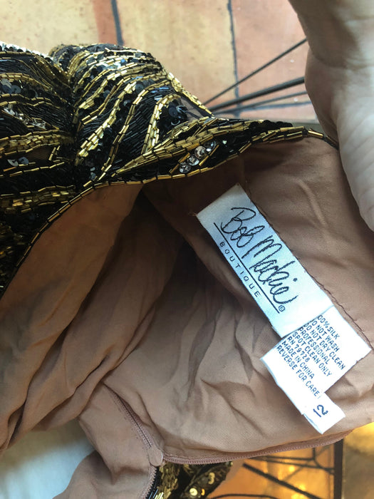 80s 90s Vintage Black Gold Beaded Sequin Gown Dress Bob Mackie Gold Black Tiger Stripe Long Sleeve Sequin Pageant Dress Cher Medium Large