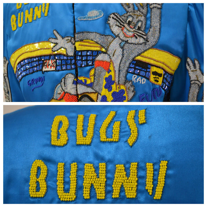 90s Vintage Jeanette Kastenberg Sequin Beaded Jacket Looney Tunes Bugs Bunny Skater Taz Cartoon Beaded Jacket Small Medium Blue Yellow