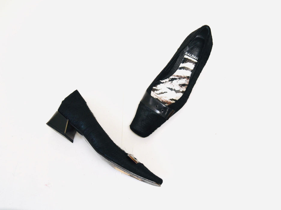 Vintage 90s Black Pony Hair Pumps Black High Heels Size 37 7 Square Toe Vintage Black Low Heel Fur Pony Hair Heels Loafers Shoes Baldan