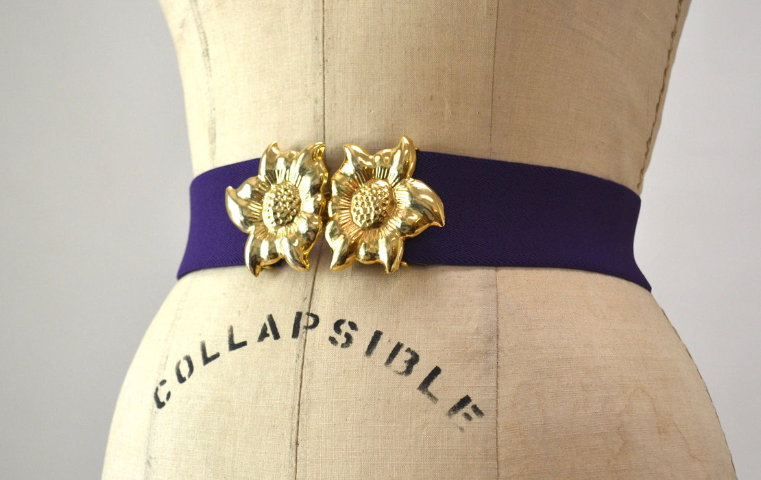 80s 90s Vintage Gold Flower Belt Buckle Purple Stretch Elastic Belt Gold Flower Metal Belt Small Medium Large XL Purple Flower Wedding Belt