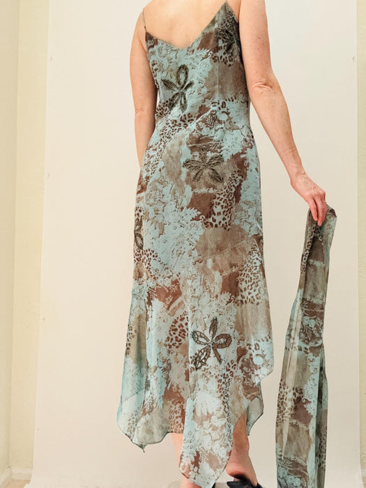 Vintage 00s Y2K Slip Tank Dress Dress Bob Mackie Animal Print Chiffon Dress Medium Summer Wedding Party Slip Dress Blue Brown Beach Dress
