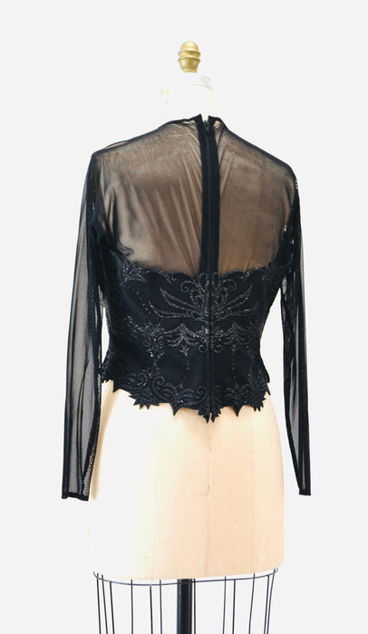 90s Vintage Sheer Black Velvet Top 90s Party Sheer long Sleeve Top Medium Large // 90s Sheer Mesh Velvet Party Shirt Tadashi Inspired Top