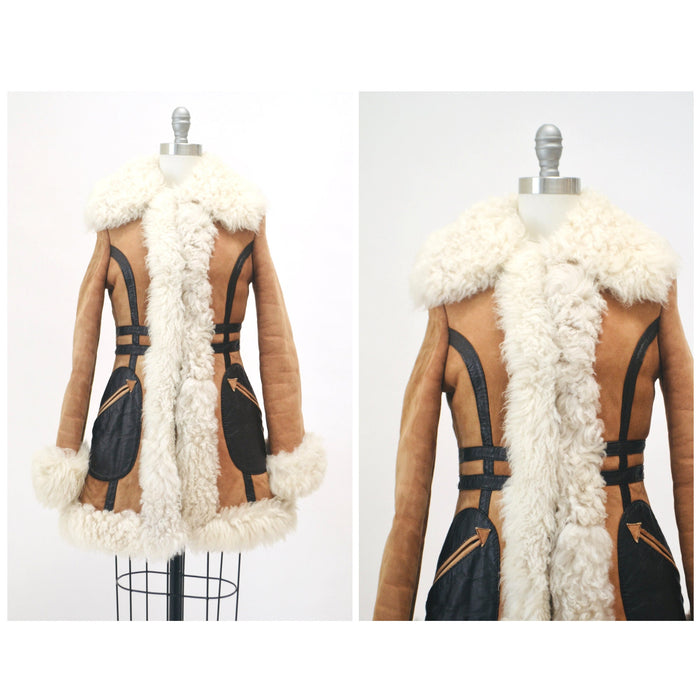 70s Vintage Shearling Afghan Jacket Coat XXS XS Tan Brown Penny Lane//  70s Shearling Coat Sheepskin Fur Boho Afghan Jacket Penny Lane Yaqub