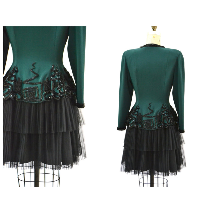 80s 90s Fabrice Vintage Green Black Beaded Party Dress Medium // Vintage 80s 90s Sequin Party Dress Crinoline Pleated Skirt Long Sleeves