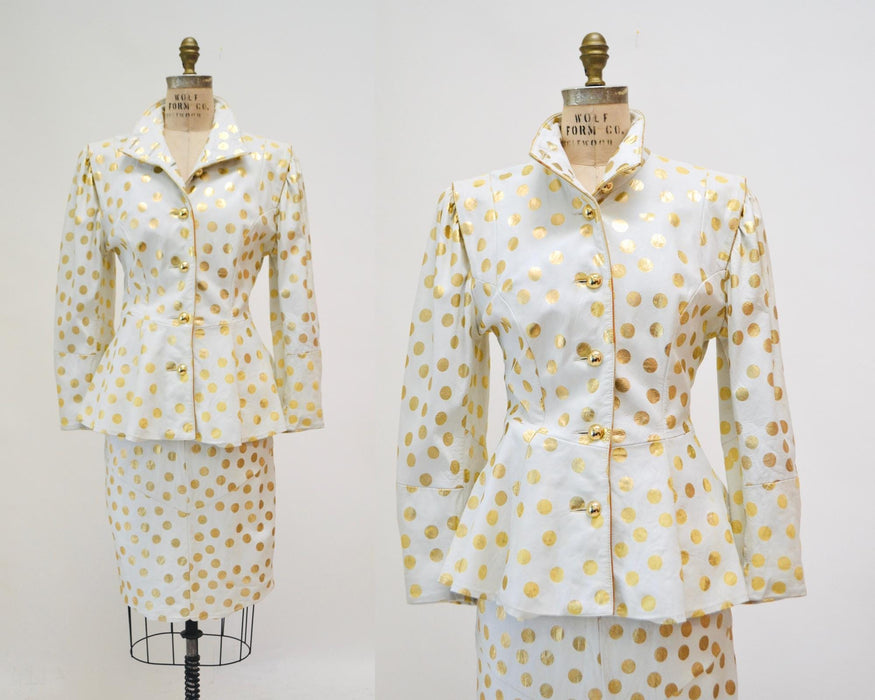 80s Vintage White Gold Polka Dot Leather Jacket and Skirt Set Jacket Lillie Rubin Medium Large 80s Glam Wedding Leather Suit Jacket Skirt