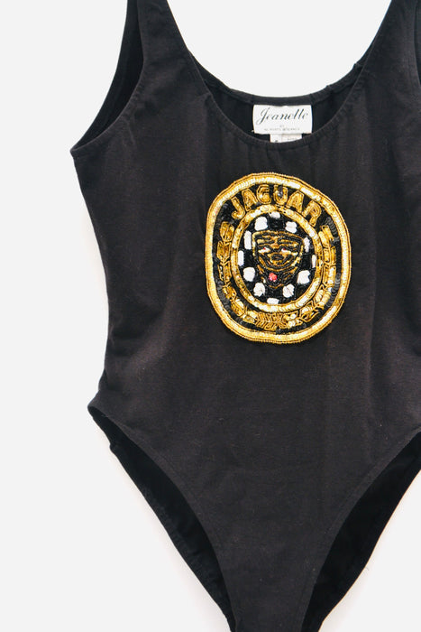 90s Black Sequin Body Suit Knit Body Suit Leotard High Cut 80s 90s body Suit with Sequin Jaguar Car Logo By Jeanette Kastenberg Small Medium