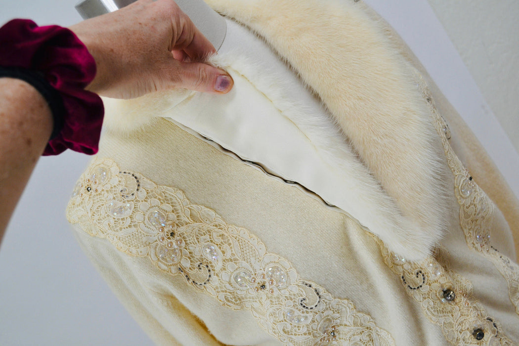 50s Vintage Cream Mink Fur Collar Beaded Cardigan Sweater Rhinestone Buttons Small Medium Vintage Wedding Fur Collared Cashmere Cardigan