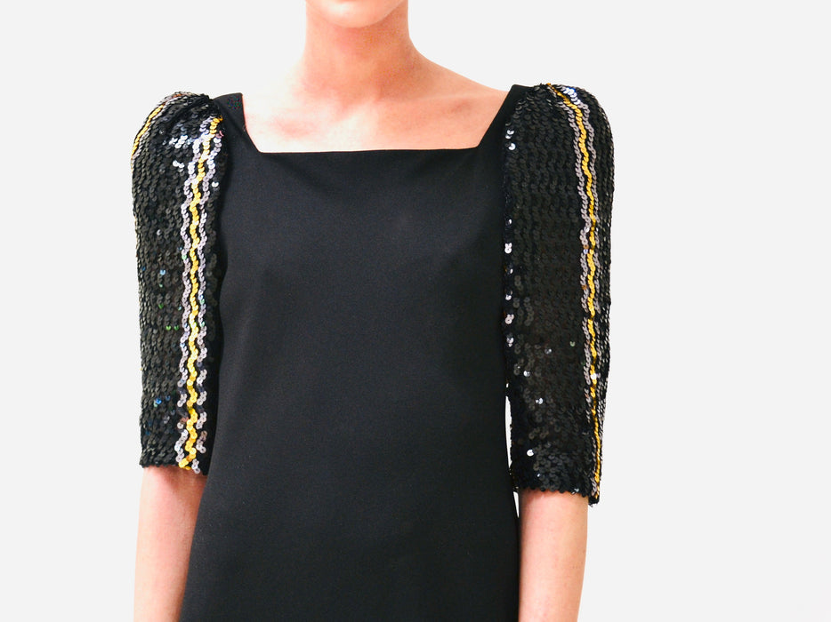 70s 80s Vintage Black Sequin Long Dress by Lillie Rubin Small Medium// Vintage Disco Metallic Silver Gold Black Sequin Dress Evening Gown
