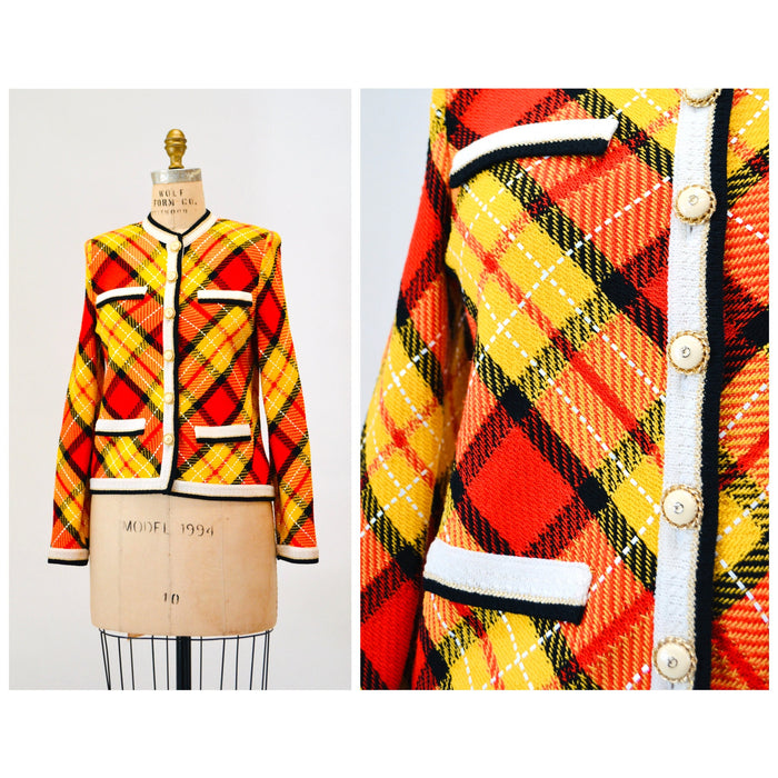 80s 90s Vintage St. John Collection Yellow Plaid Sweater Cardigan Jacket Yellow Black Red Gold Plaid Knit Jacket Small Cardigan St John