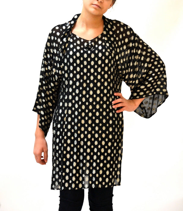 Vintage Metallic Black Silver Polka Dot Tunic Top Small Medium// Sheer Black Shirt Silver Metallic Beach Cover Up By Helene Sidel