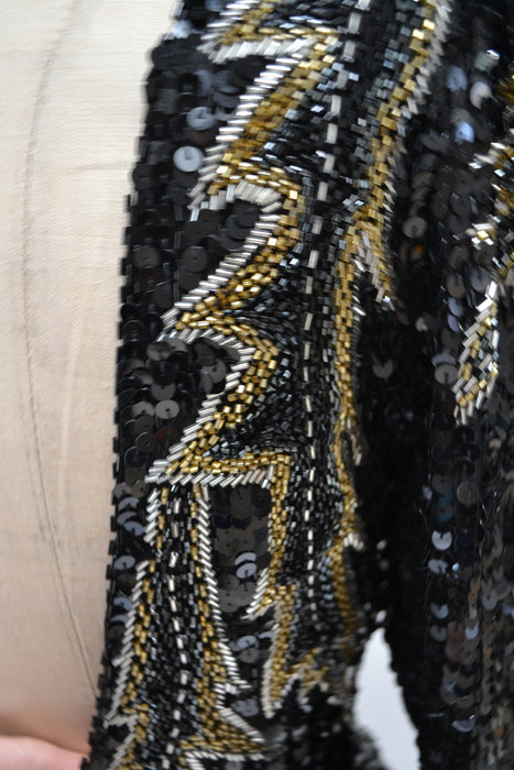 90s Vintage Black Beaded Sequin Party Dress Small Medium// 80s 90s Pageant Formal Black beaded Dress long sleeves Small Silk LIllie Rubin