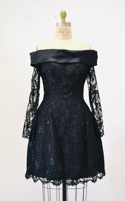 90s 00s Vintage Black Lace Dress off the shoulder Dress by Liancarlo// Black lace Dress XS Small Neiman Marcus
