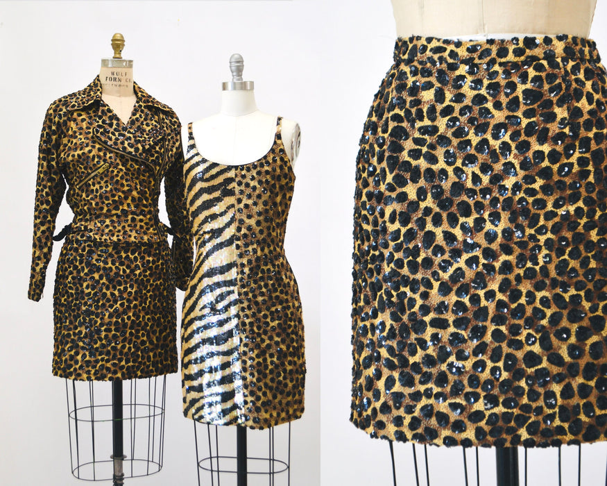 90s Vintage Metallic Sequin Skirt Size Small Animal Leopard Cheetah Print By Jeanette // 90 Vintage Black Sequin Party Skirt Size Small