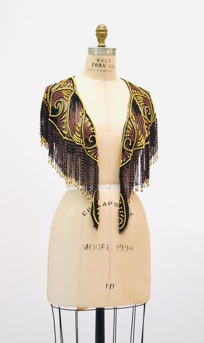Vintage Gold Black Beaded Rhinestone Shawl Wrap Burlesque Wedding Flapper Gold Metallic Beaded Vintage Fringe Collar Shawl GOld Flapper
