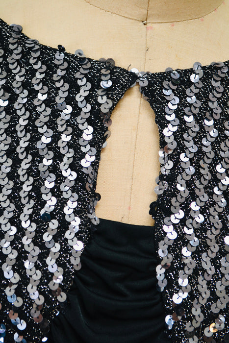 70s 80s Vintage Black Stretch Disco Sequin Dress Medium// 70s 80s Black Metallic Sequin Sexy Knit Dress 70s Disco Party Body Con Dress