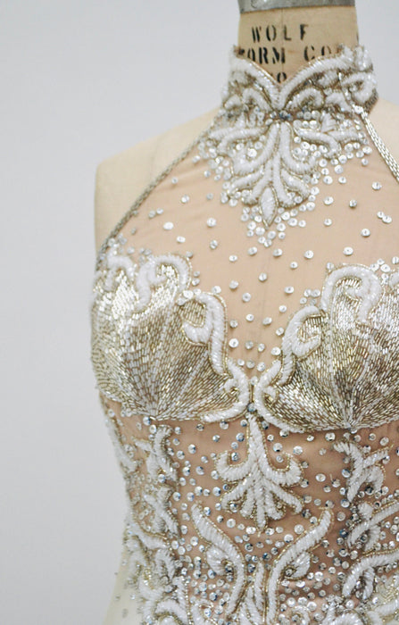 80s 90s Vintage Silver Cream Beaded Sequin Gown Dress Small Stephen Yearick Silk // Vintage Beach Mermaid Wedding Gown Dress Halter neck