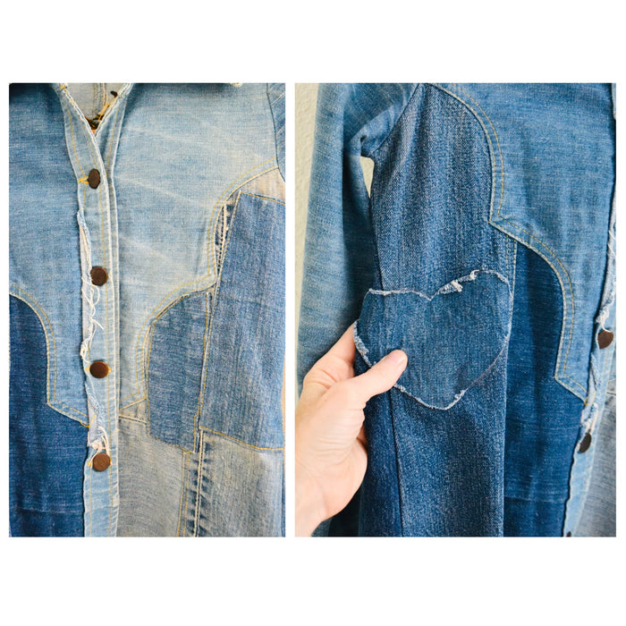 70s Authentic Vintage Patchwork Denim Shirt Bell Bottom Jeans Pants Embroidered Dragon Jeans Denim Shirt Set XS Small Paradox Bloomingdales