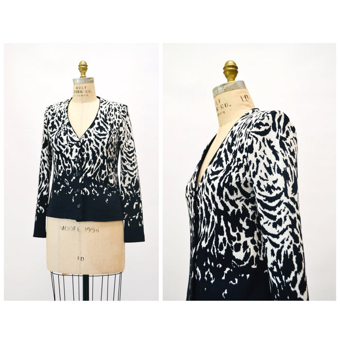 2000s y2k Vintage St. John Collection Zebra Pattern Sweater Cardigan Black and White Animal Zebra Pattern Cardigan Small Medium