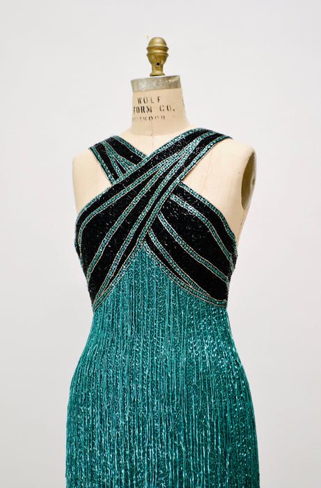 80s Vintage Bob Mackie Blue Green Beaded Fringe Dress Vintage Green Metallic Dress Small // Beaded Fringe Dress Flapper Inspired Cher Dress