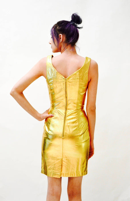 90s Metallic Gold Leather Dress by Michael Hoban North Beach Leather// 90s Leather Dress Gold Size XS Small