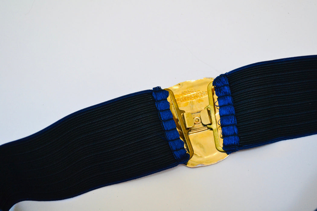 80s 90s Vintage Gold Blue Belt Buckle Blue Crane Bird Stretch Elastic Belt Blue Gold Metallic Wedding Belt Medium Large 26-35" By Charmant