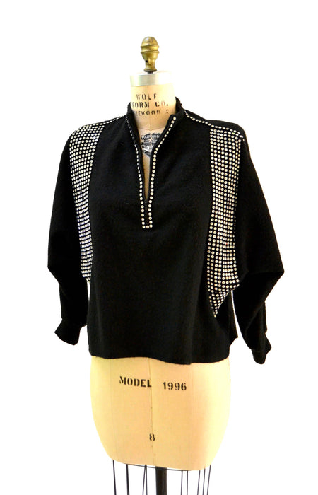 80s 90s Vintage Black Rhinestone Sweater Jumper Medium Pull over 80s Glam Rhinestone Diamond Sweater Dolman Sleeves Pull over Small Medium