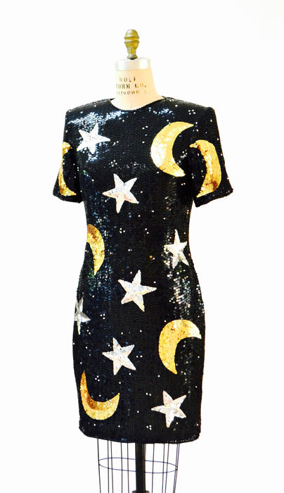 Vintage Sequin Dress Black Star Moon Medium Large By Modi// 90s Vintage Beaded Metallic Dress Stars Moons Pop Art Astrology Dress