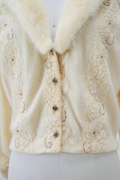 50s Vintage Cream Mink Fur Collar Beaded Cardigan Sweater Rhinestone Buttons Small Medium Vintage Wedding Fur Collared Cashmere Cardigan