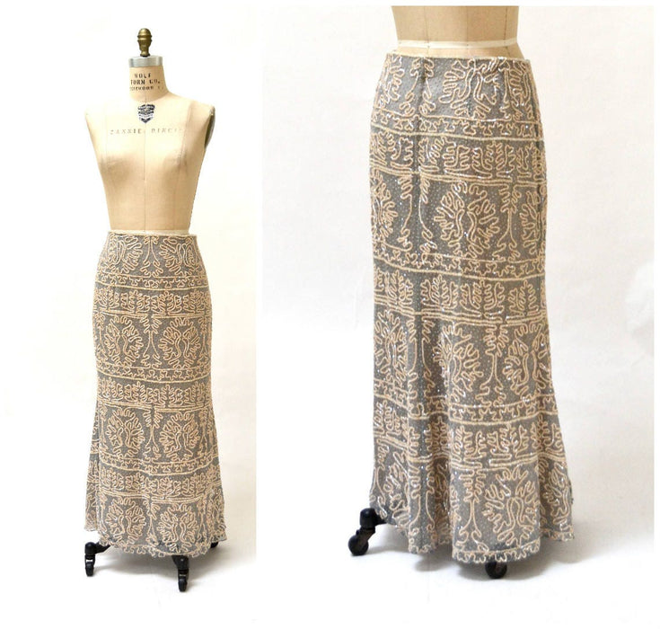 Vintage Beaded Shirt Dress Skirt Stephen Yearick Mother of the Bride Religious Conservative Wedding Dress Large XL Top Skirt Grey Cream