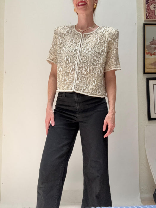 Vintage Cream White Lace Beaded Shirt Jacket Top Medium Large Cream White Lace Wedding Top Jacket// Vintage Summer Wedding Lace Jacket Large