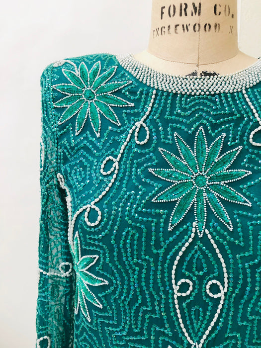 80s 90s Vintage Sequin Top Skirt Dress Set Beaded Skirt Top Dress Medium Blue Green Teal  80s 90s Party Dynasty Flapper Costume