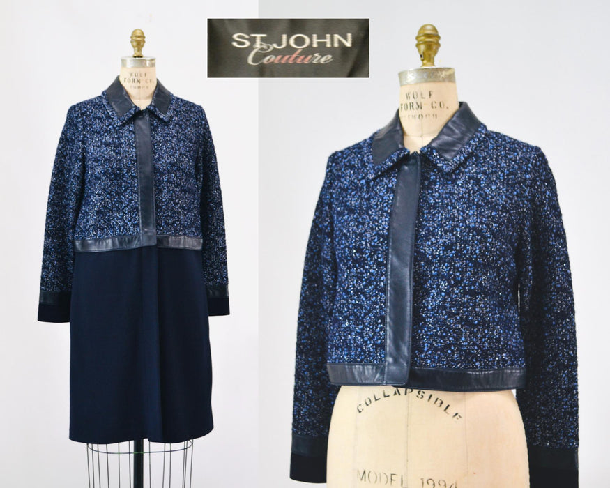 Vintage St. John Couture Navy Blue Jacket Blue Boucle Jacket Leather Size 4 Blue  Jacket St John Navy Blue Convertible Leather Wool Jacket