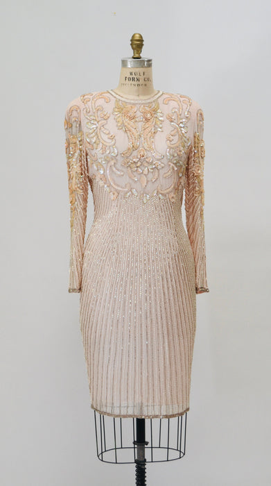 80s 90s Vintage Pink Peach Beaded Sequin Dress Small Medium // 80s 90s Glam Vintage Metallic Sequin Pink Cocktail Wedding Party Dress