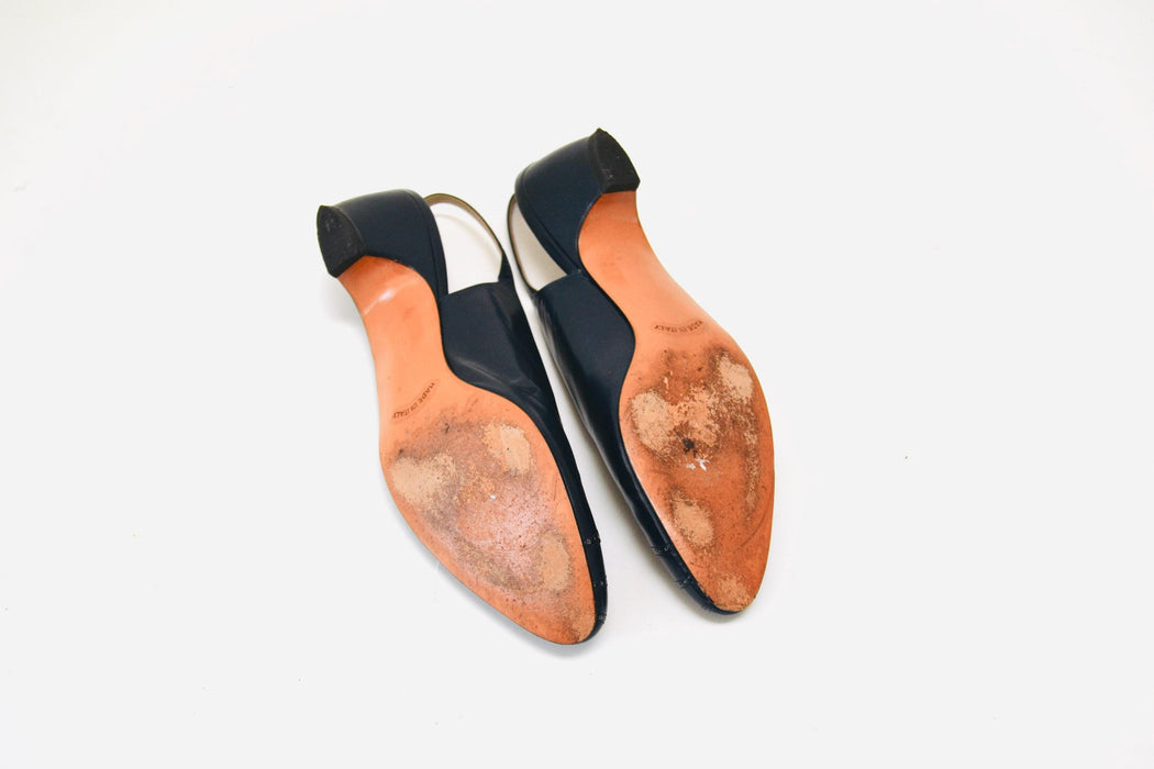 Vintage Salvatore Ferragamo Navy Blue Low High Heels Shoes 8 1/2 AAA Navy Blue Leather Sling Back High Heel Vintage Ferragamos Made in Italy