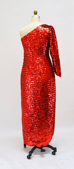 70s Vintage Red Sequin Gown Dress Red Sequin Showgirl One shoulder asymmetrical Dress Small Medium Pageant Jessica Rabbit Princess Costume