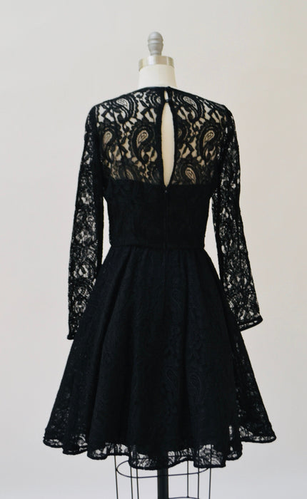 Vintage 80s 90s Black lace Dress Small Medium Long Sleeves Crinoline skirt// 90s does 50s Black Lace Party Dress Rimini Medium Paisley Lace