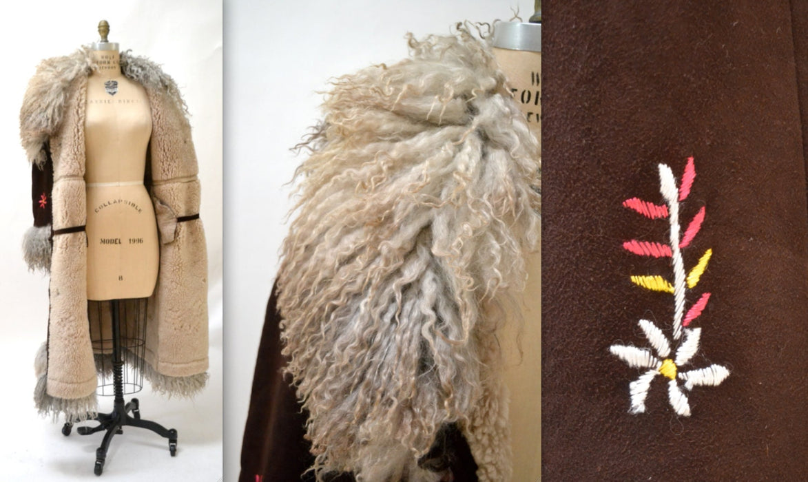 Vintage Embroidered Shearling Afghan Jacket Coat Medium Large//  90s does 70s Shearling Coat Embroidered Sheepskin Fur Boho Afghan Jacke