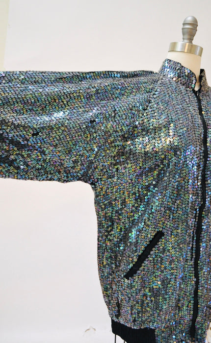 80s 90s Vintage Sequin Jacket with Rolls Royce Car Hologram Sequin Jacket small// Vintage Black Sequin Bomber Jacket Small Medium by Modi