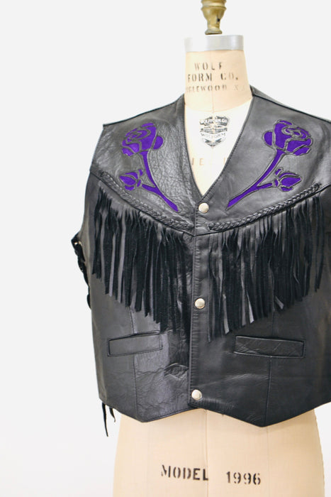 80s 90s Vintage Black Leather Fringe Vest Large PUprle Rose Fringe leather Vest Cowboy Cowgirl Rodeo Biker Festival Vest Large XL