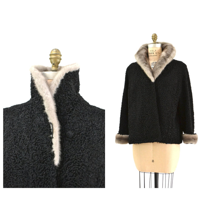 50s 60s Vintage Black Fur Jacket Coat Persian Lamb Mink Black Grey Mink Fur Jacket Medium Large// Vintage Black Persian Lamb Fur Jacket Coat