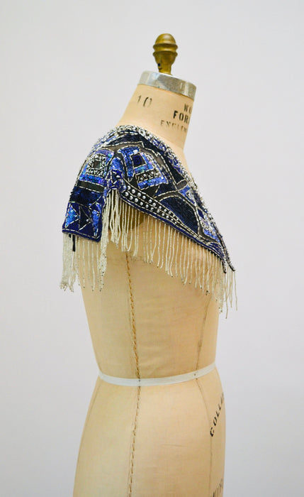 90s Vintage Blue Beaded Fringe Shawl Wrap Burlesque Wedding Flapper Blue Metallic Beaded Vintage Fringe Collar Shawl Showgirl