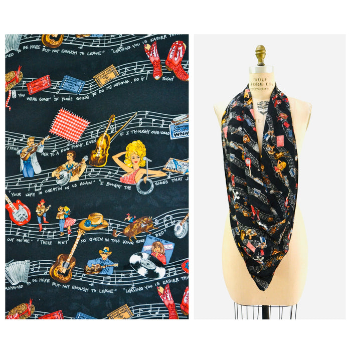 90s Vintage Country Music Scarf Wrap With Dolly Parton Vintage Nicole Miller Large Silk Scarf Music Nashville Grand Ole Opry Guitar