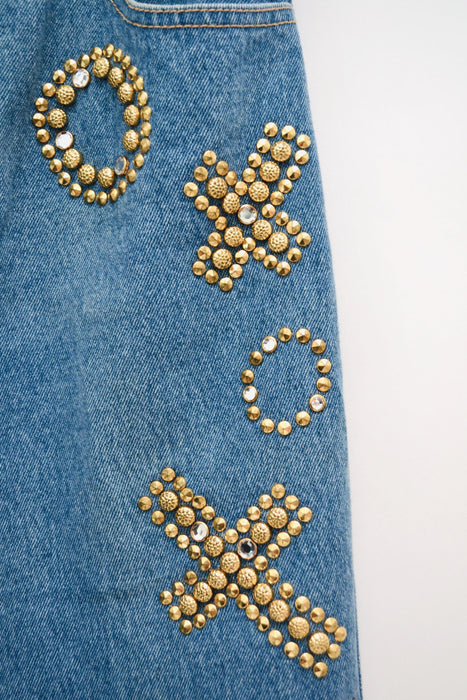 80s 90s Vintage Gold Studded Jeans Pants High Waisted Jeans Rhinestone XOXO love Gold Studded Denim Metallic jeans Small medium 4 6 8
