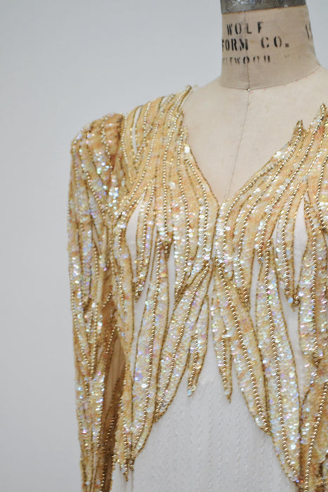 80s 90s Vintage off white Silver Cream Beaded Sequin Dress Gown Medium Pageant Wedding Party Dress Large White Beaded Dress