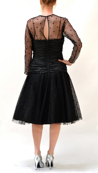 Vintage Black Dress Medium Crinoline Skirt Polka Dot // 80s 90s Black 80s Prom Dress Illusion Dress // Black Party Prom Dress Medium Large