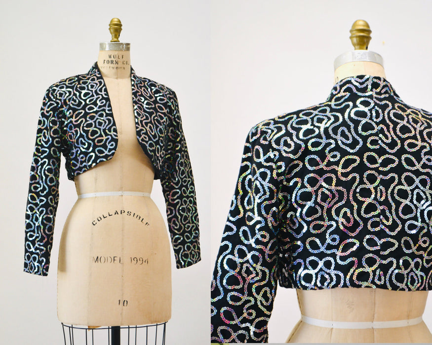 80s 90s Vintage Black Sequin Jacket Metallic Hologram Sequin Jacket XS Small// Black Cropped Sequin Bolero Silver Hologram Sequin jacket