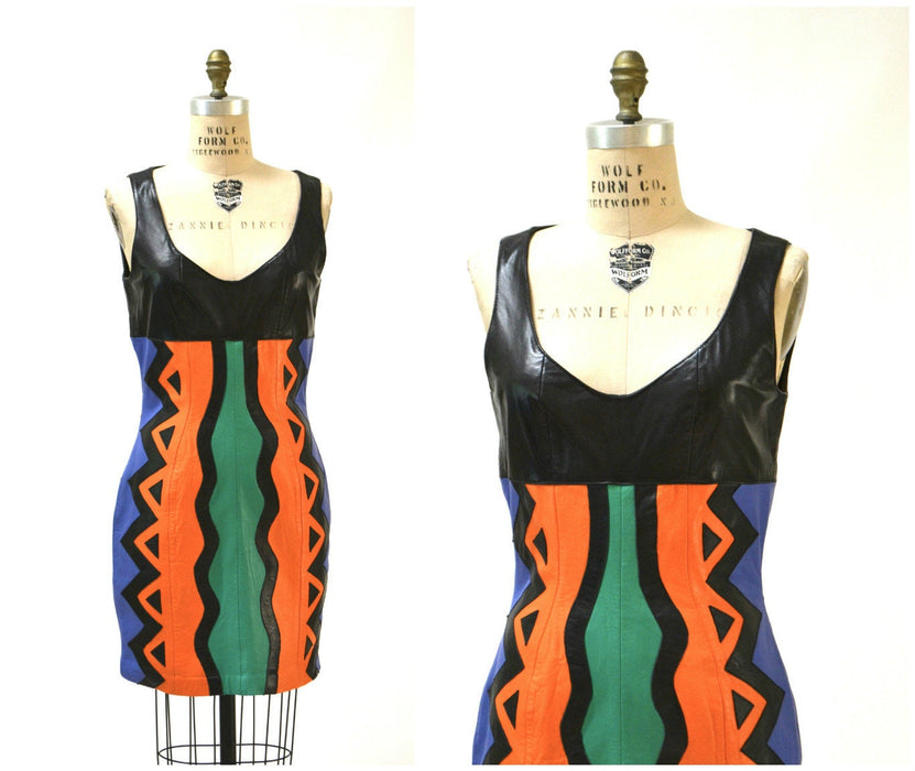 Vintage Leather Dress Black Medium Large Pop Art tribal by Michael Hoban North Beach// 90s Vintage Leather Dress medium Large Patchwork