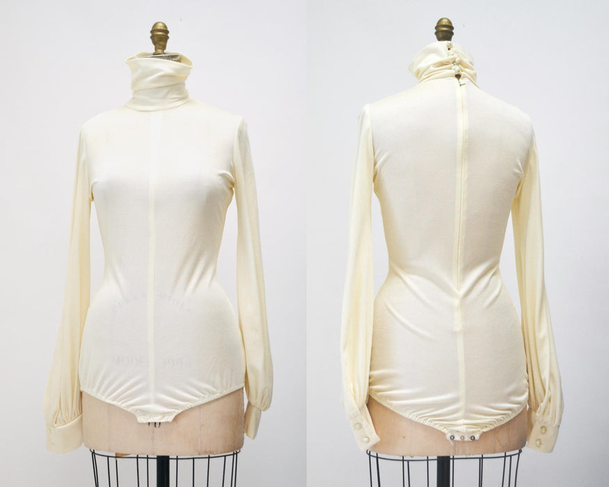 Vintage 70s off White Cream Turtle neck Bodysuit Brief Body Suit Leotard Turtle Neck long sleeve Medium//  Vintage Cream Turtleneck bodysuit