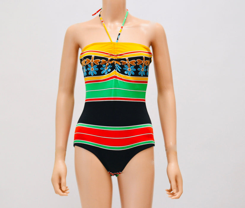 Vintage 70s 80s Swimsuit XS SMALL one Piece Halter neck Strapless Swimsuit Striped Floral Print Red Yellow Black Swimsuit Saks Fifth Avenue